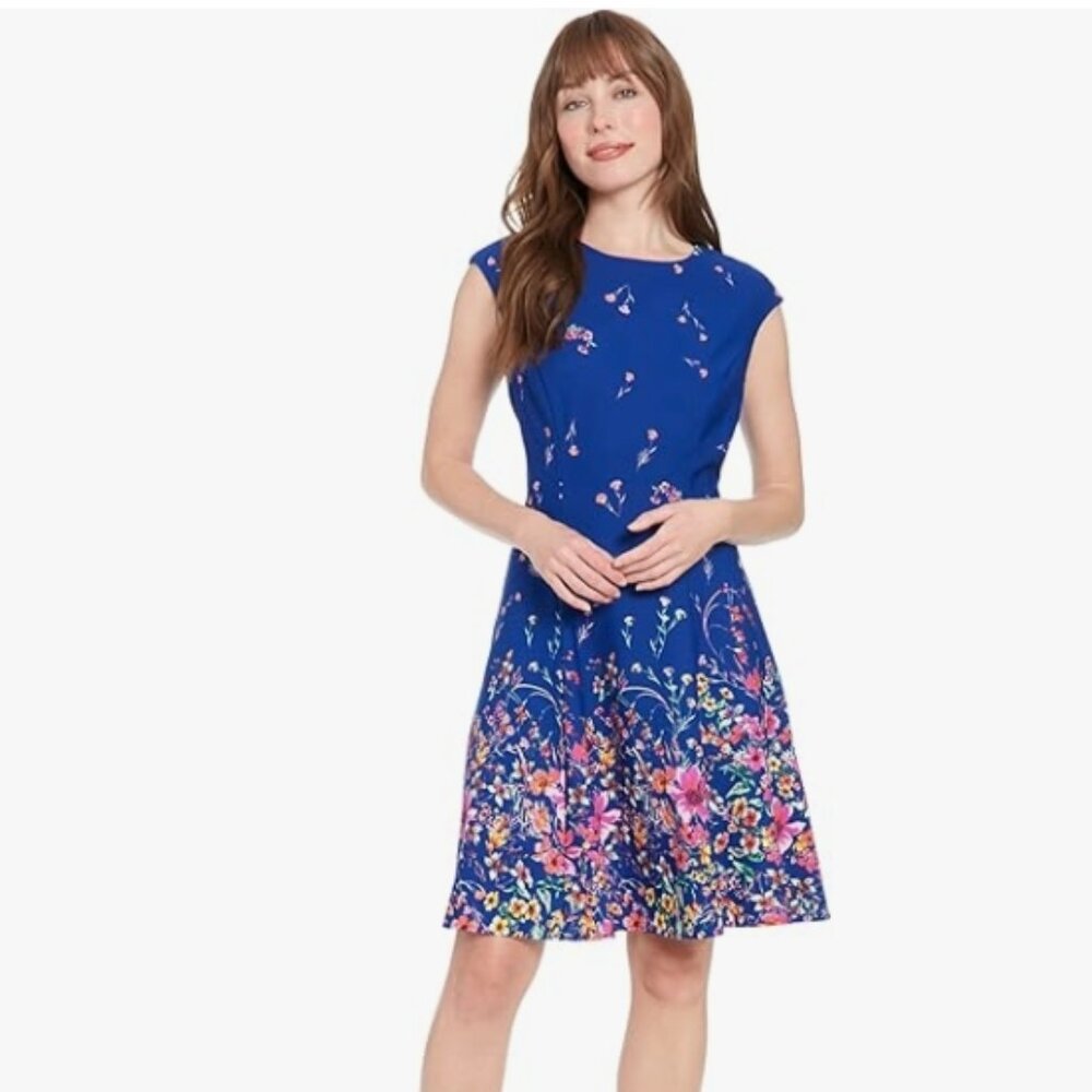 London Times Blue Floral Fit and Flare Dress Size 16 NWOT